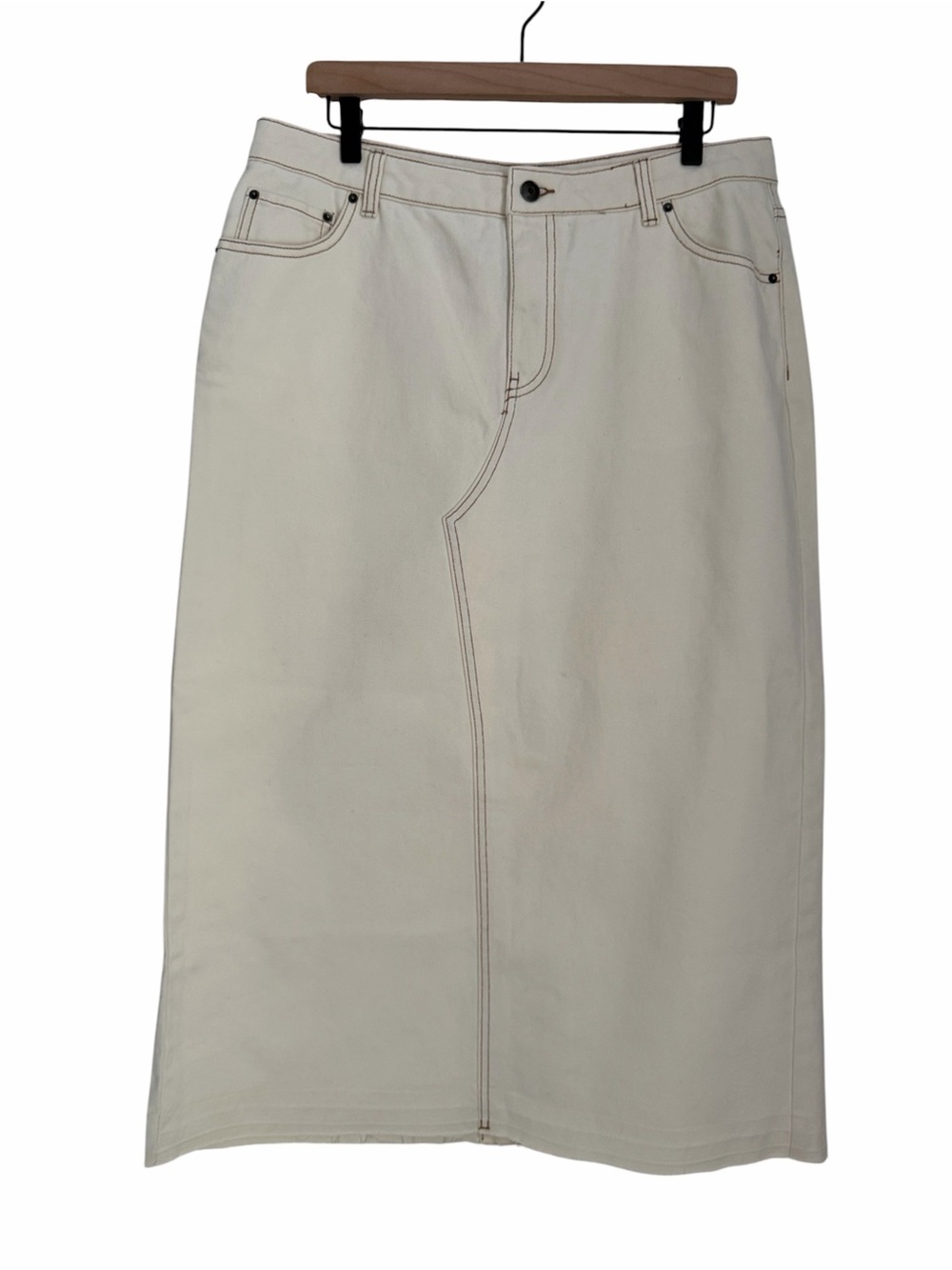Future Collective Reese Blutstein Denim Midi Skirt 12 Cream Contrast Stitch